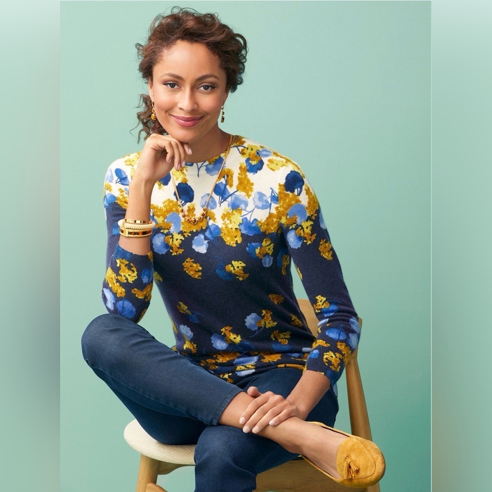 Talbots Pure CASHMERE AUDREY SWEATER PLACED FLORAL XS springtime